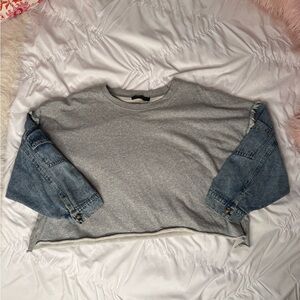Gray Crewneck with Denim Cargo Sleeves Cropped